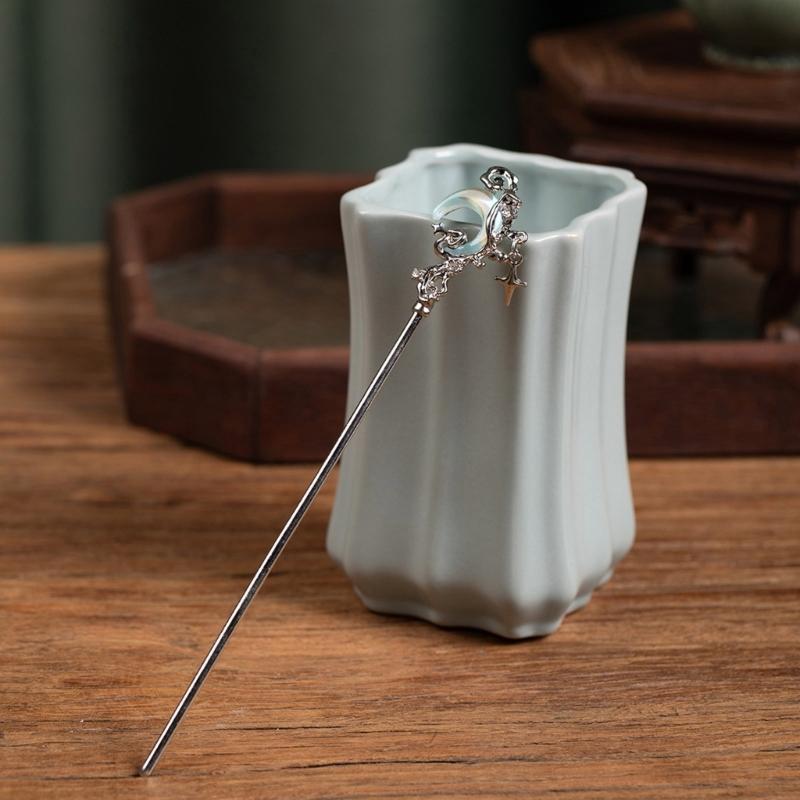 4PCS Silver Hair Bun Sticks For Long Hair Ancient Metal Hairpins With Moonstone Decoration Chinese Costume Hairpin