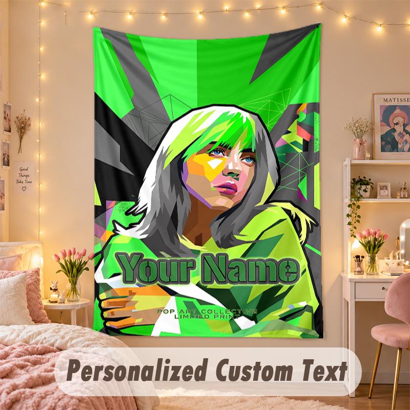 Custom Personalized Tapestry,Billie Eilish Print Custom Name Text Wall Art Hanging for Bedroom
