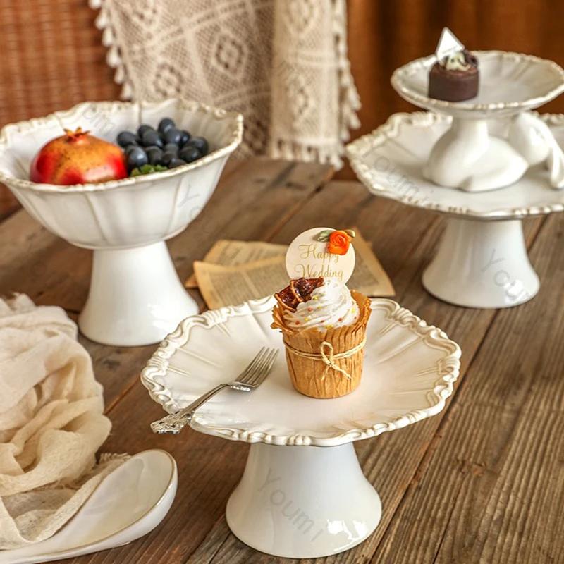 Light Luxury Relief Ceramic Tray Afternoon Tea Dessert Fruit Multi Layer High Footed Dining Plate Exquisite Household Tableware