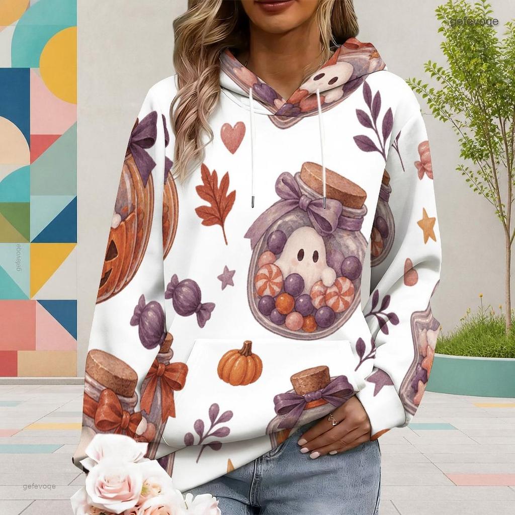 Women Plus Size White Halloween Ghost Pumpkin Printed Hoodie Long Sleeve Drawstring Hood Kangaroo Pocket Pullover