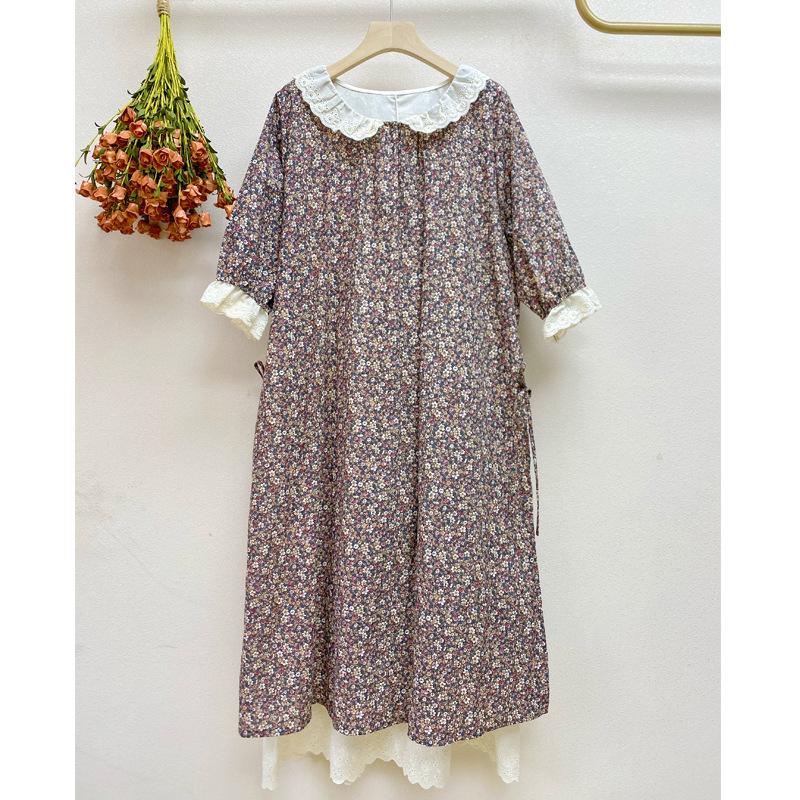 Mori Girl Podzim Jaro Ženy Volné Dlouhé Šaty Volané Límec Květinové Šaty Cottagecore Vintage Bavlněné volánky Elegantní elegantní šaty