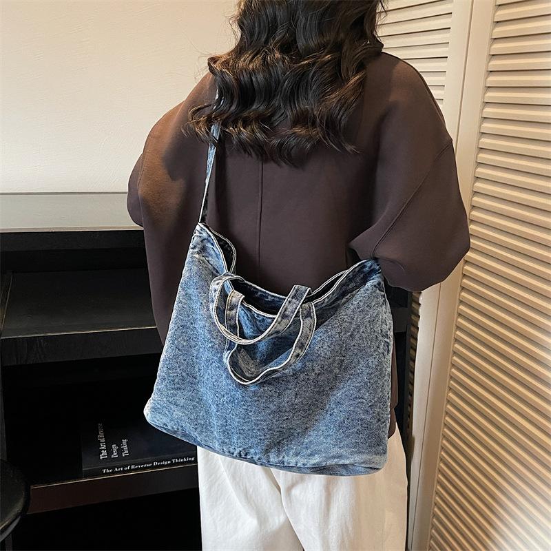 Large Capacity Denim Tote Bag Commuter Handbag Vintage Student Class Shoulder Crossbody Bag