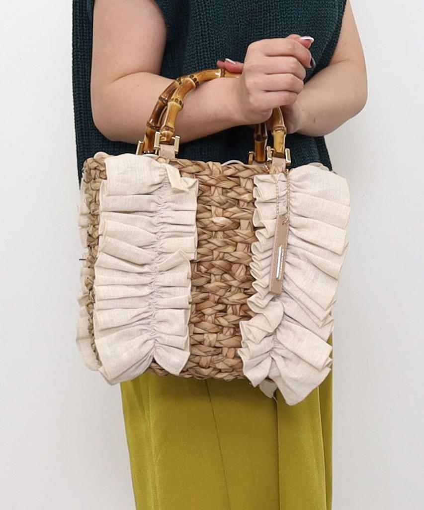 Samir Nasri Ruffled Bamboo Handle Tote Beige Women's Bag, (050)