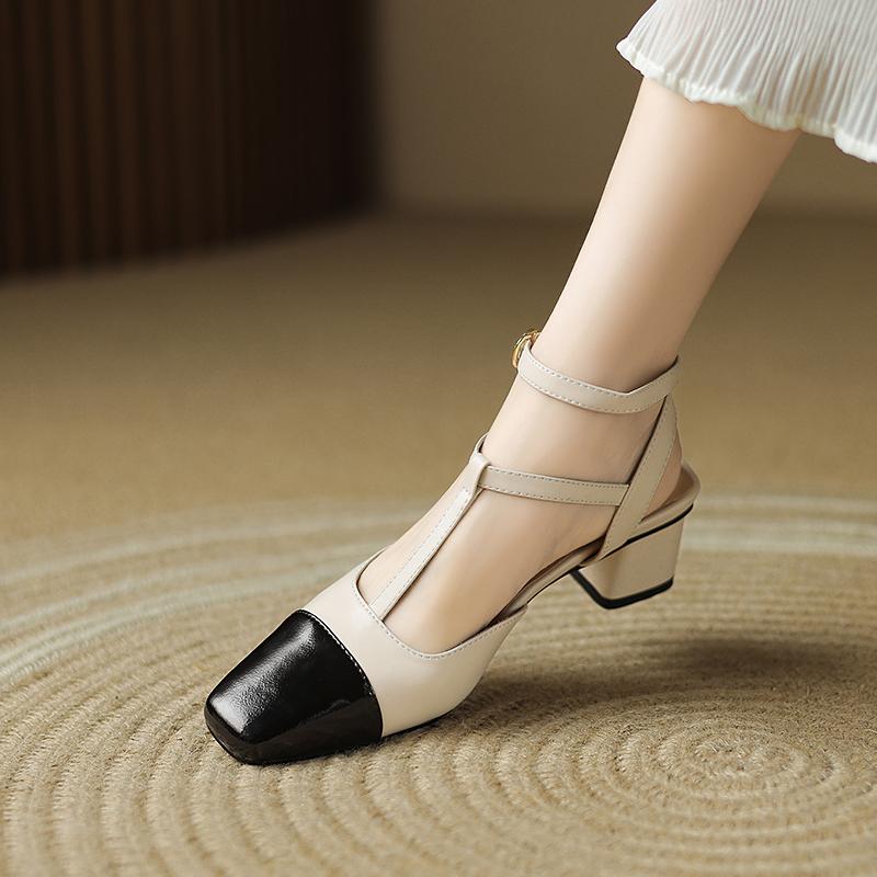 Fashion Size 34-40 Women Sandals Genuine Leather T-Strap Square Toe High Heel Summer Shoes 2025 Ins Vintage Office Daily Heels Women