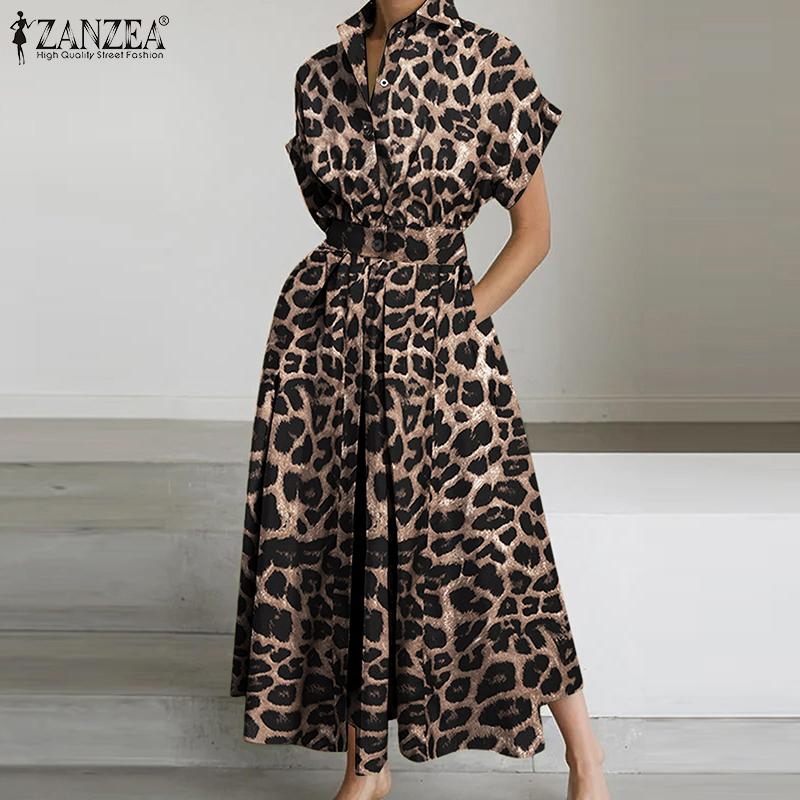 ZANZEA Women Casual Turn Down Collar Summer Short Sleeve Leopard Print Dress