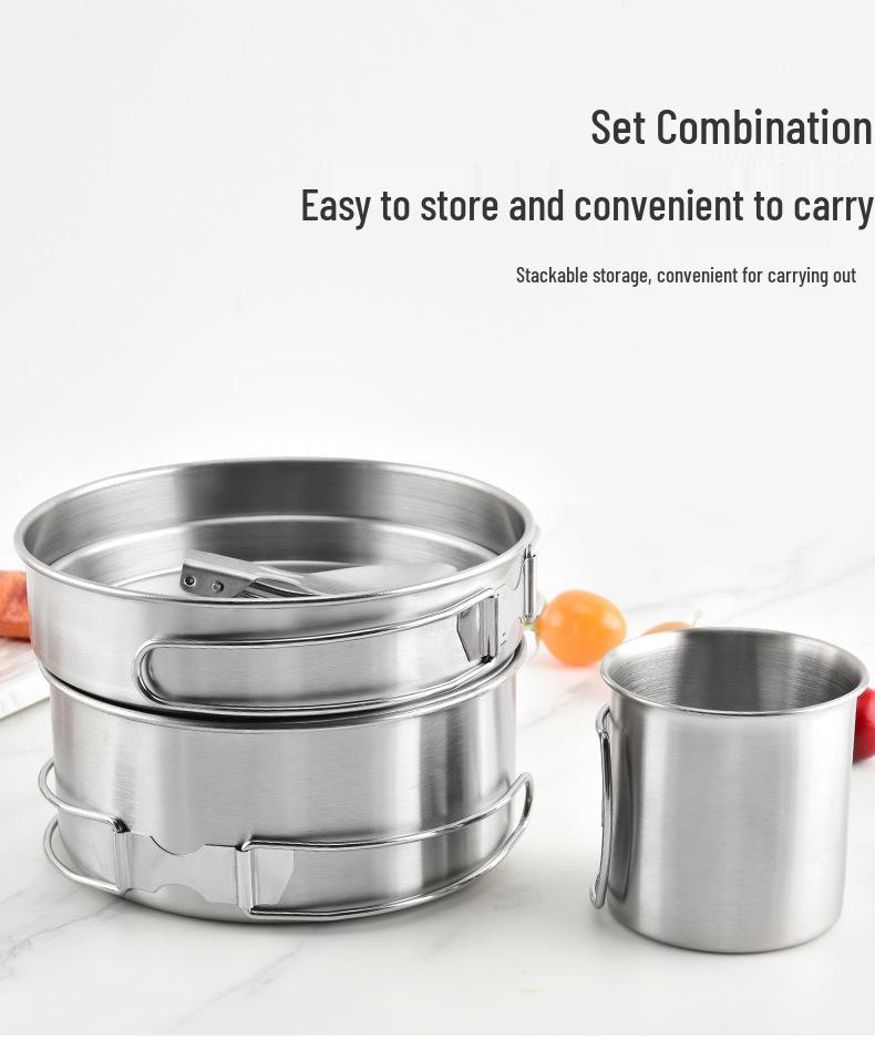 Outdoor Camping Stainless Steel Cookware Set: Portable Sandblasted Cups, Plates, and Pots for Picnics