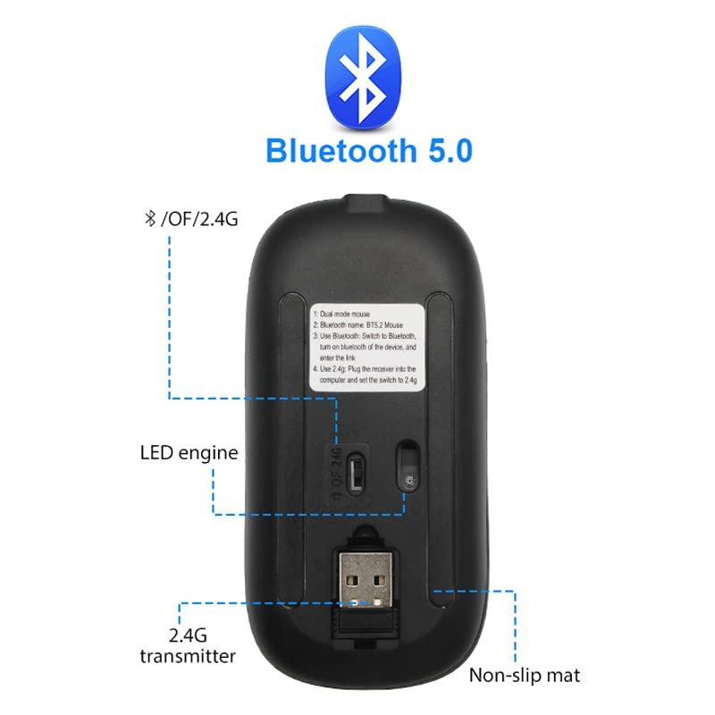 Kabellose Maus mit Bluetooth 5.2, Geräuschlose Bedienung, Sofortige Verbindung, Ultradünn, Kompakt, USB-wiederaufladbar, 2.4GHz, 3-stufige DPI-Umschaltung, Hoch