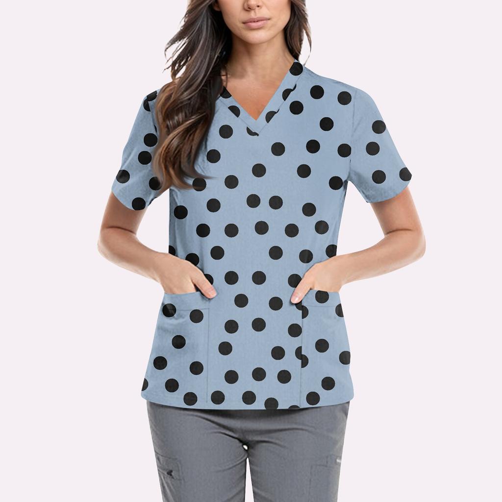 Women's Cute Printed Work Clothes V-neck Double Layer Pockets Basic Short Sleeve Top Pullover Valentines