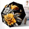 1pc Automatic Open/Close Umbrella - Elegant Golden Roses & Butterflies Floral Pattern, Black Background with Golden Roses - Co