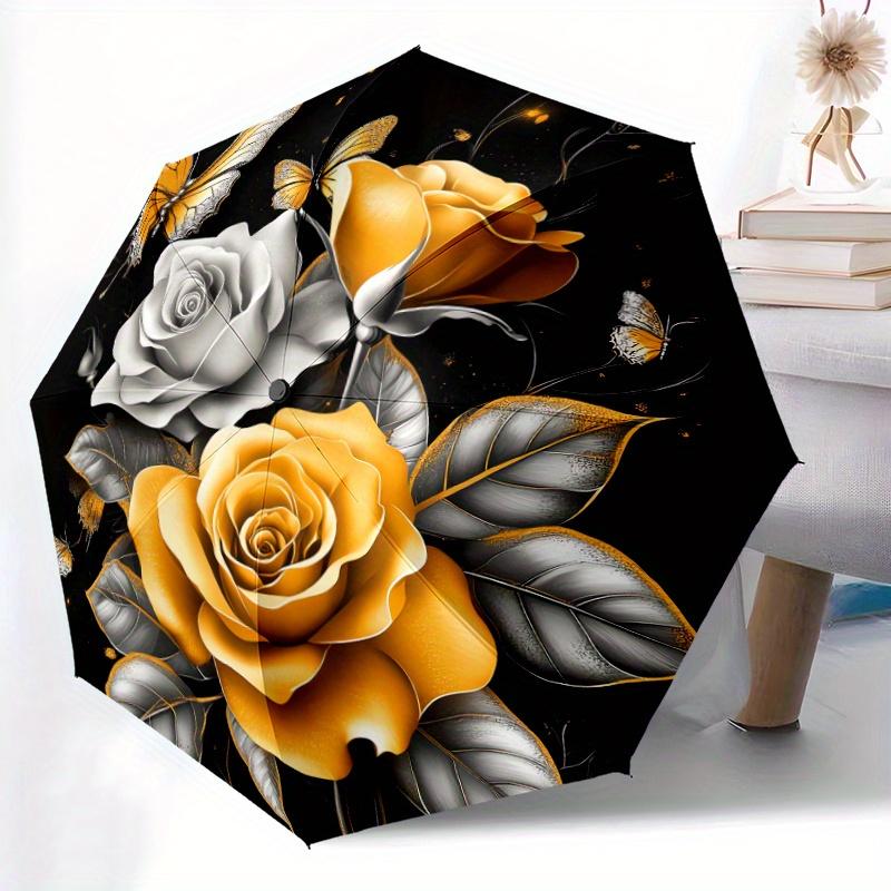 1pc Automatic Open/Close Umbrella - Elegant Golden Roses & Butterflies Floral pattern, Black Background with Golden Roses - Co