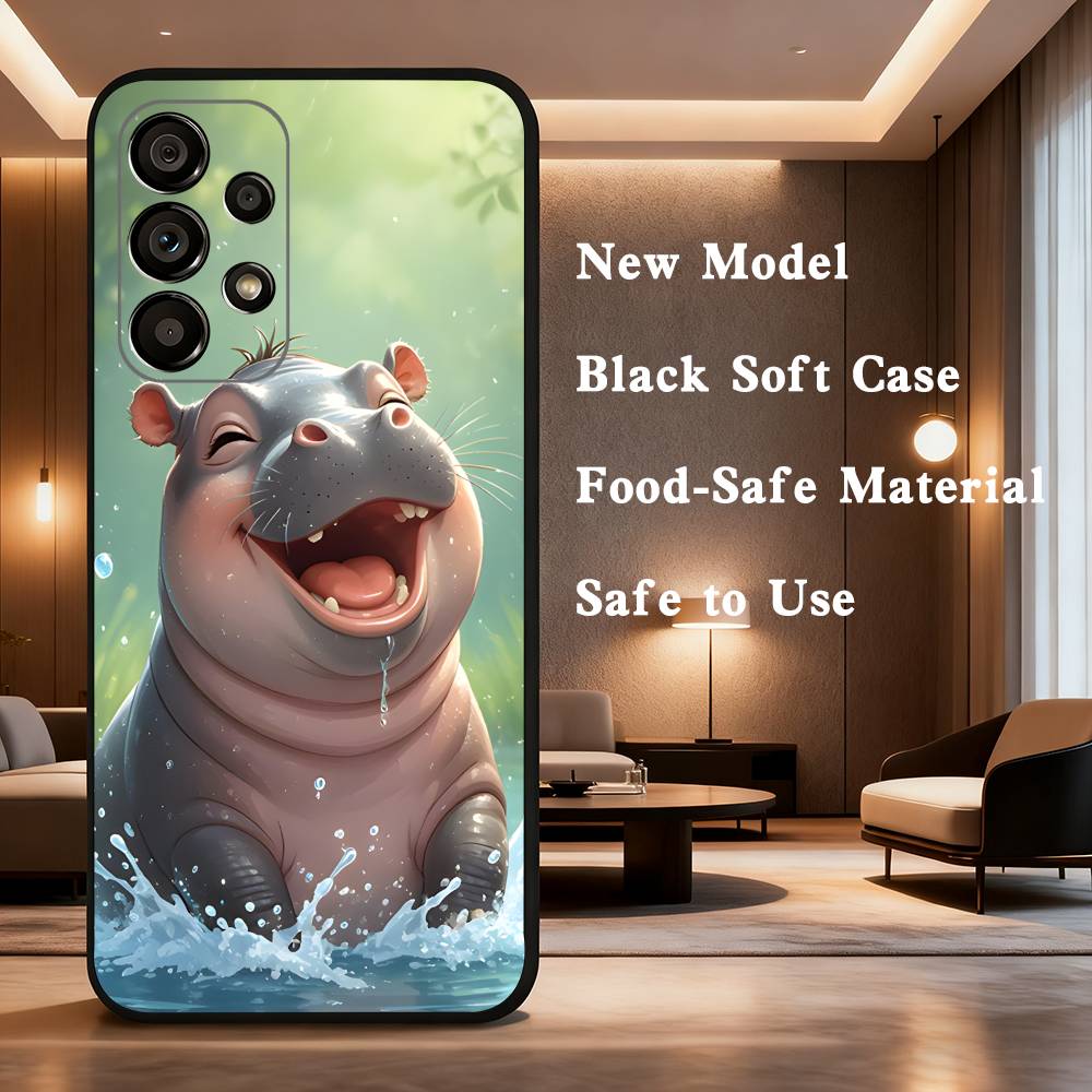 Cute Hippo Hippopotamus For Samsung Galaxy A73,31,71,53,32,72,Note,22,41,8,9,52,J7,Soft Black Silicone Cover Case