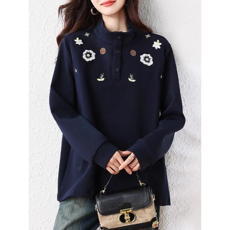 

Women s Navy Floral Embroidery Sweatshirt Stand Collar Button Casual Pullover L ціан