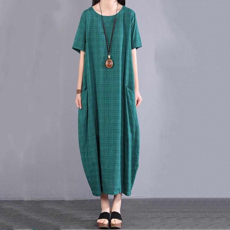 Vestido longo de verão solto casual feminino, manga curta, plus size, vintage, xadrez, novo em vestidos para mulheres