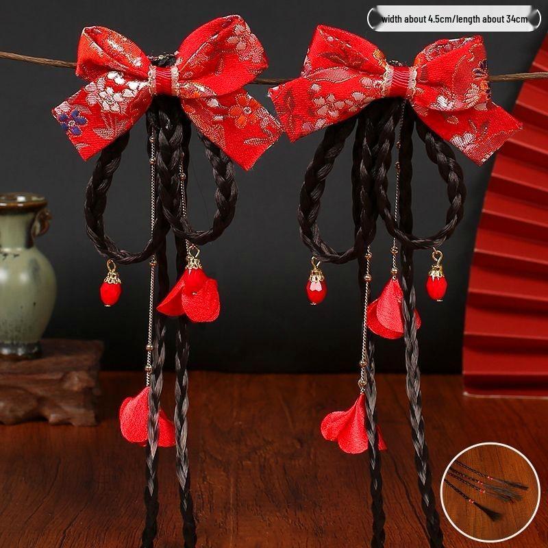 Chinese New Year Red Hair Clip with Pompon & Tassels for Baby Girl Hanfu