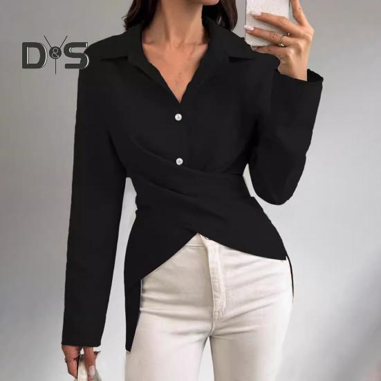 Damen-Hemd mit Revers, lange Ärmel, einreihig, Oberteile, einfarbig, Knopfleiste, Herbsthemd für den Alltag