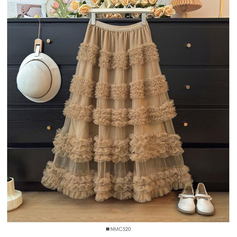 Sweet Style High Waist Ruffled Lace Gauze Maxi Skirt