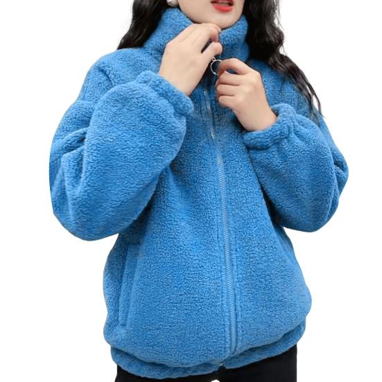 Spring Winter Women Jacket Stand Collar Fleece Zipper Closure Jacket Long Sleeve Solid Color Cardigan Keep Warm Sport Outerwear with Pockets