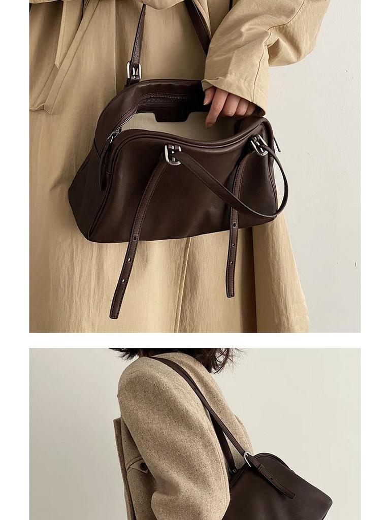 Niche Retro Large Capacity Leather Yoyo Bowling Bag - Women's High-End Shoulder Handbag