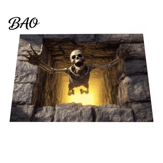 Funny Prank Door Mat 3D Halloween Rug, Optical Illusion Skeleton Realistic Depth Pattern, Jack-o'-lantern Floor Decor Spooky Pumpkin Non-slip