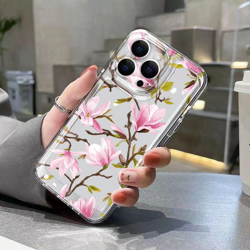 Pink Magnolia Branch Pattern Phone Case for iPhone 17 16 15 14 13 12 11 16E Series Pro Max Plus Double Layer Protection
