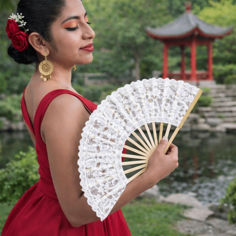 Hollow Ribs Embroidered Folding Fan Tassel Pendant Dance Handheld  Fan  Dance Performance