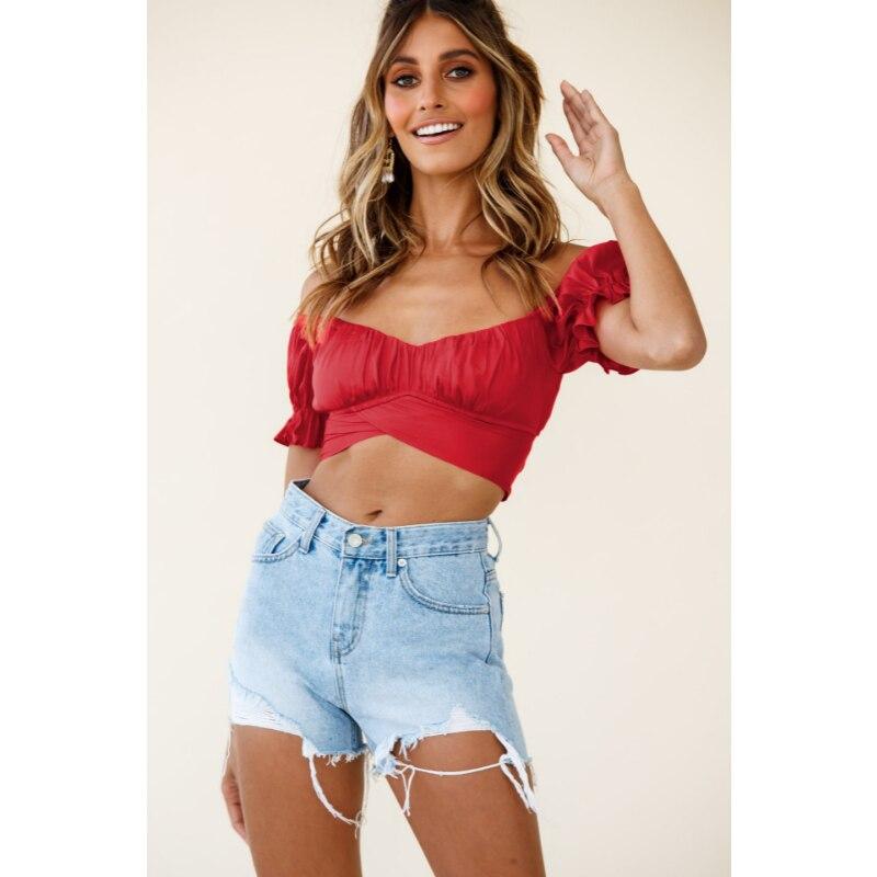 

2023 Модный летний укороченный топ Y2k для женщин, футболка с коротким рукавом и оборками, сексуальная бандажная блузка с открытыми плечами, короткая футболка, тонкая рубашка 25941 XL розы красного