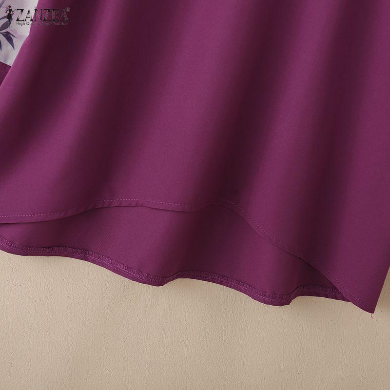 ZANZEA Damen Freizeit Print Transparent Einsatz 3/4 Ärmel Stehkragen Bluse