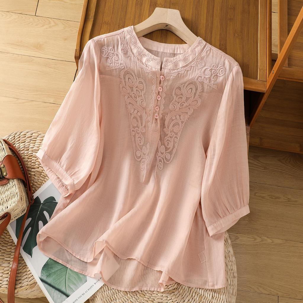 Cotton and Linen Short-sleeved Shirt Women's Summer Young Style Foreign Style Belly Cover Loose and Thin Top