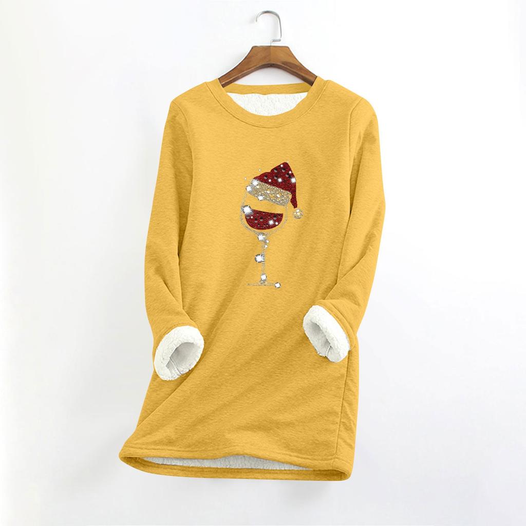Top longo feminino com decote redondo e manga comprida, estampa de natal, grosso, pelúcia, cashmere, quente