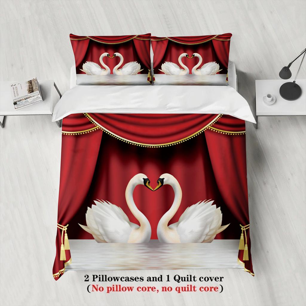 3pcs Swan Couple Bedding Sets 3D Printed Romantic King Full Size For Couples Gifts Duvet Cover With 2 Pillowcases Bedroom Decor