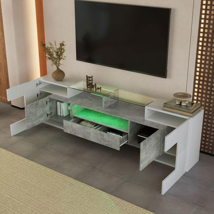Meuble TV - MDF - 200 Cm - LED Multicolore - Blanc Brillant & Gris Effet Béton