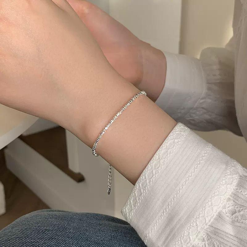 925 Sterling Silver Irregular Beaded Bracelet for Women Fashion Sparkling Crushed Silver Chain Bracelets Dainty Daily Jewelry