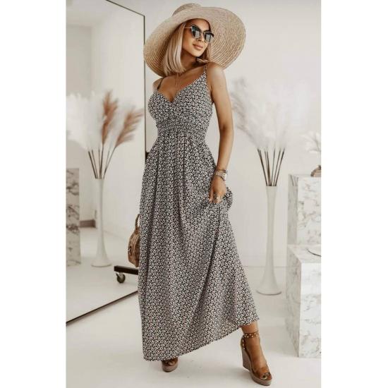 Damska sukienka maxi z lycrą i wzorem w cętki, z elastyczną talią i podwójnymi piersiami