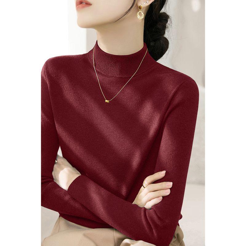 

Simple Pullover Fashion Long sleeve Versatile Slim fit Knit Women clothes Spring New Half-high Collar Sweater Inner wear Top Burgundy M