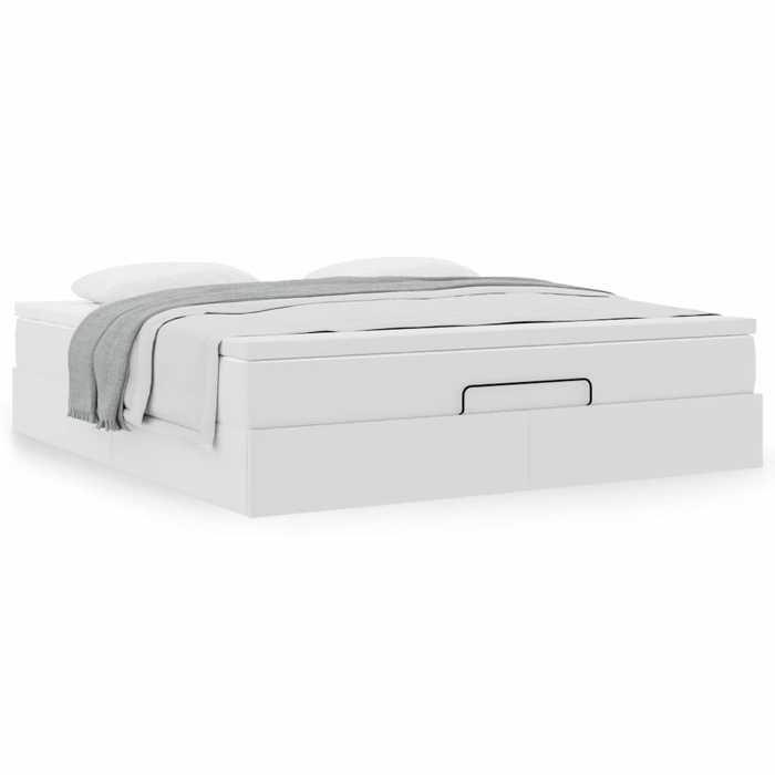 Cadre de lit ottoman - 180x200 cm - Similicuir blanc - Rangement sous le lit - Surmatelas inclus
