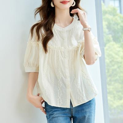 Short Sleeve Shirt Women's Summer Fungus Edge Lantern Sleeve Cotton Casual Top Women's