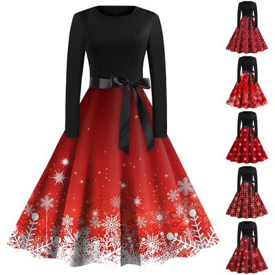 Women's Casual Fashion Christmas Snowflake Print Long Sleeve Dress Cutout Party Casual Round Neck Dress