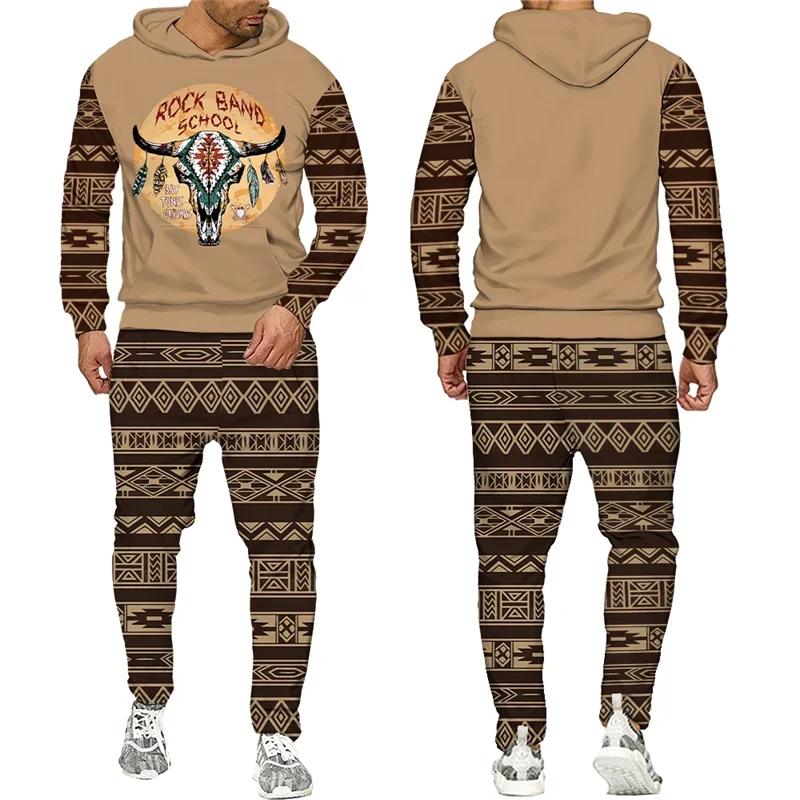 New Men 2 Pieces Tracksuit National Cow Skull 3D Print Casual Hoodies Sweatpants Sets Fashion Hip Hop Street Clothing Suits