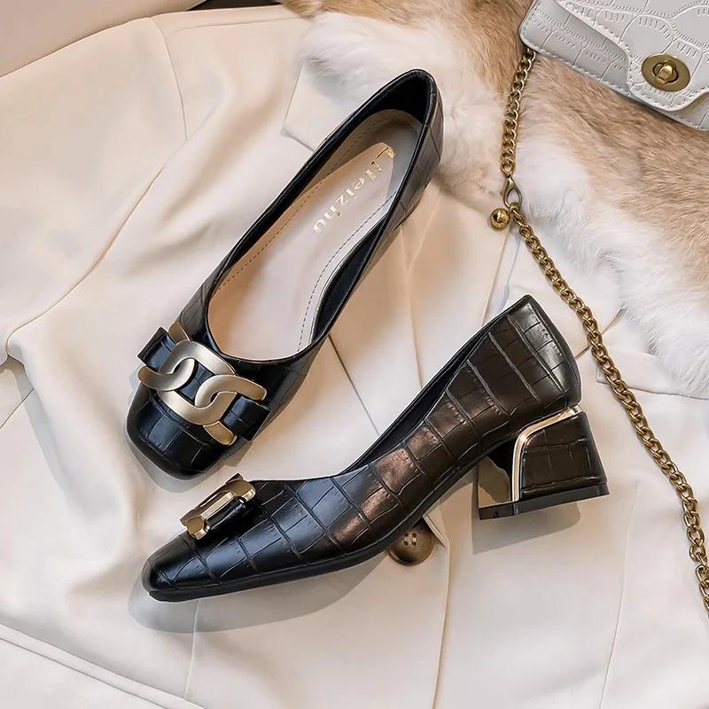 Women Shoes Fashion Pumps Fashion Leather Stone Pattern High Heels Shoes Girl Metal Decoration Casual Dress Shoes