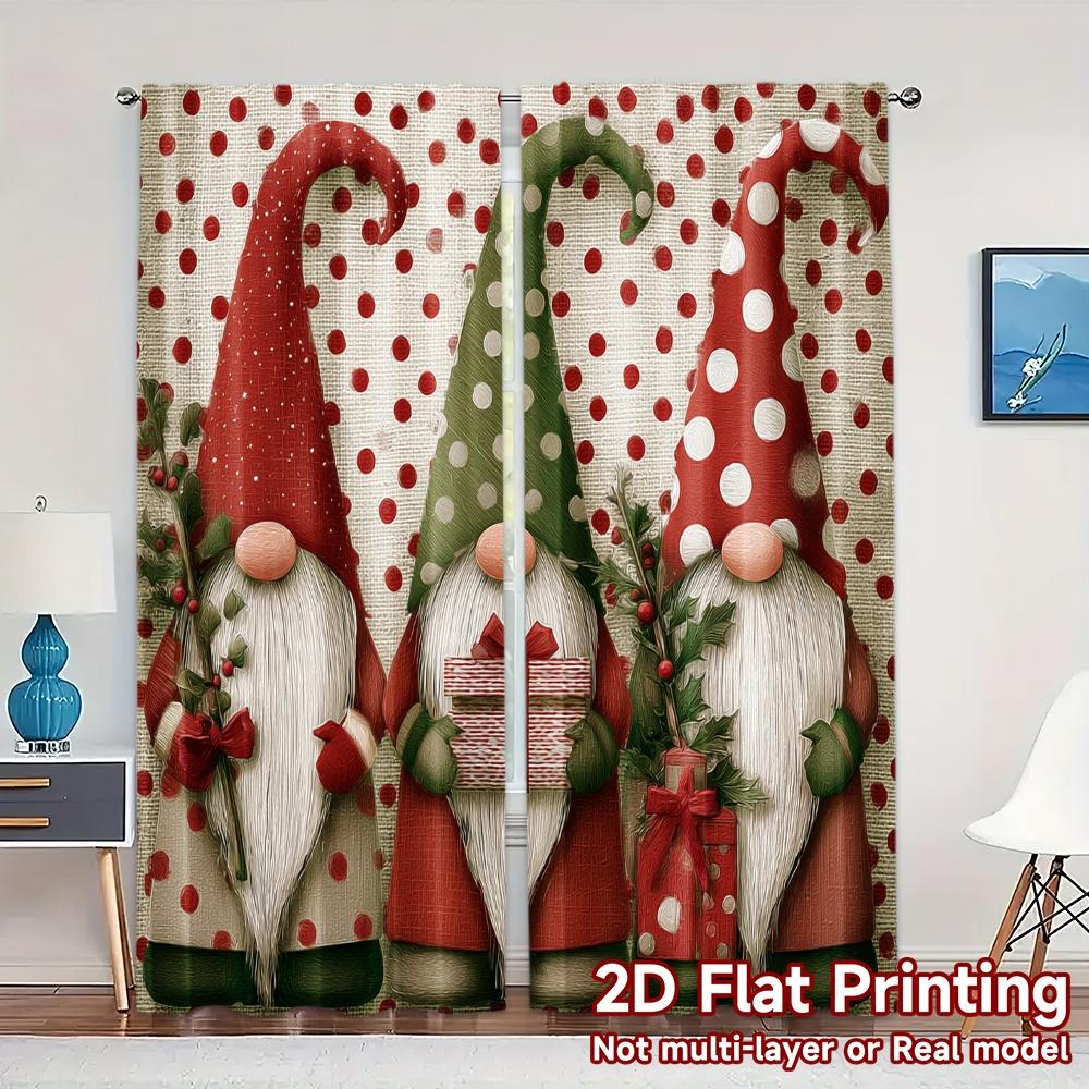 

Set Of 2 Flat Printing Jit Curtains Without Rod Festive Gnomes Popular Creative Versatile Fabric All Made Polyester W100*H70(CM)-Hooks&2PCS