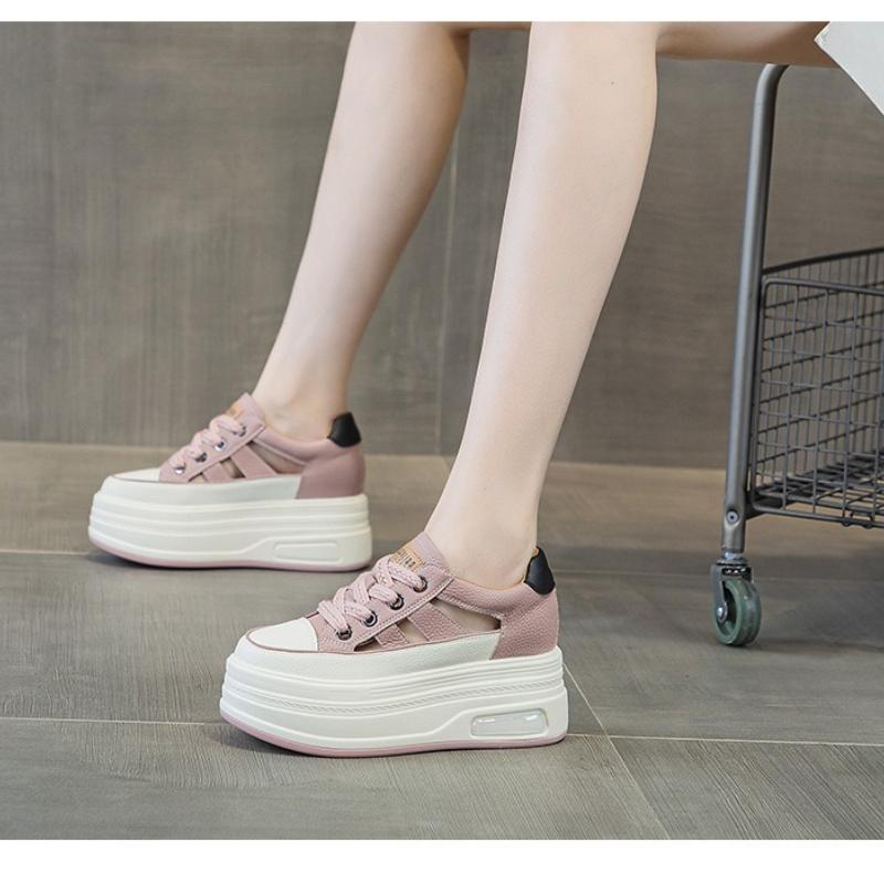 High quality 9cm Genuine Leathe Slippers Lace Up Hollow Peep Toe Casual Sandals Platform Wedge Ladies Women Summer Slides Shoes