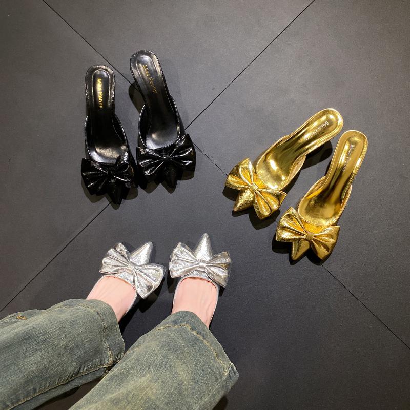 Fashion Bow Women Mules Shoes Pointed Toe High Heels Slippers New Party Sandals Luxury Sexy Woman Brand Party Pumps Zapatos
