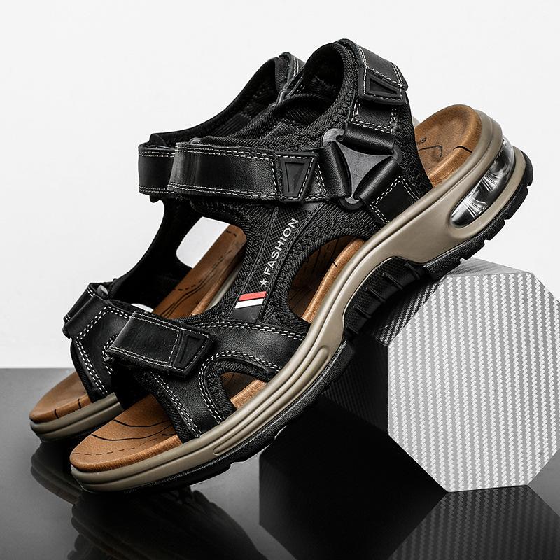 Outdoor casual open-toed leather beach sandals air cushion light outdoor large size wading shoes