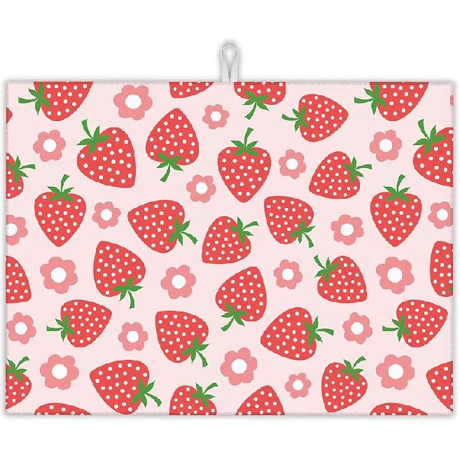 Pink Strawberry Dish Drying Rack Mat for Kitchen Counter,Cute Flowers Dish Drying Pad Absorbent Reversible Microfiber Protector for Coffee Bar Sink