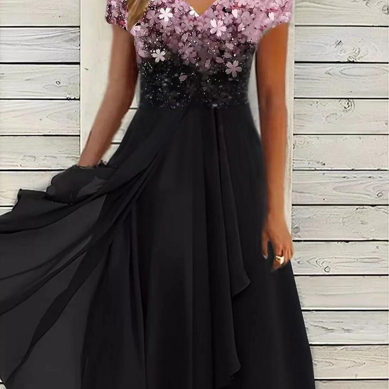 European Style Summer Women Clothing Maxi Dress Casual Fashion Chiffon Color Block 5XL