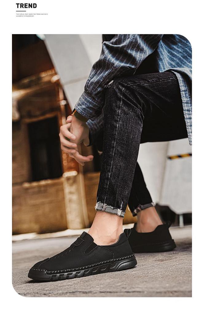 Men's Hand-stitched Leather Slip-on Shoes: Casual, Large Size, Soft Sole for Driving & Outdoor