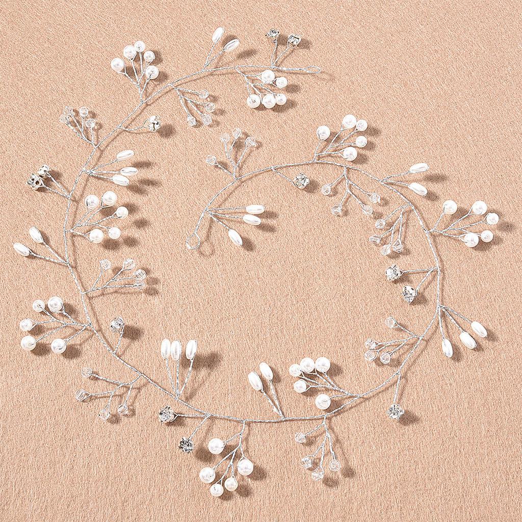 Bridal Pearl Headpiece Soft Chain Pearl Decoration Headdress Wedding Hair Accessories 50cm Silver