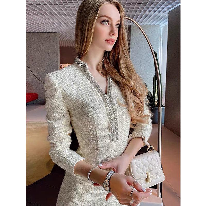 Autumn/Winter Celebrity Style V-Neck Slim Tweed Dress for Women