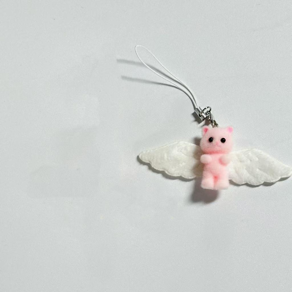 Cute Angel Wings Fuzzy Kitty Cat Heart Keychain Flocked Kitten Kawaii Phone Chain Anti-Lost Lanyard Pendant Bag Decor Gift