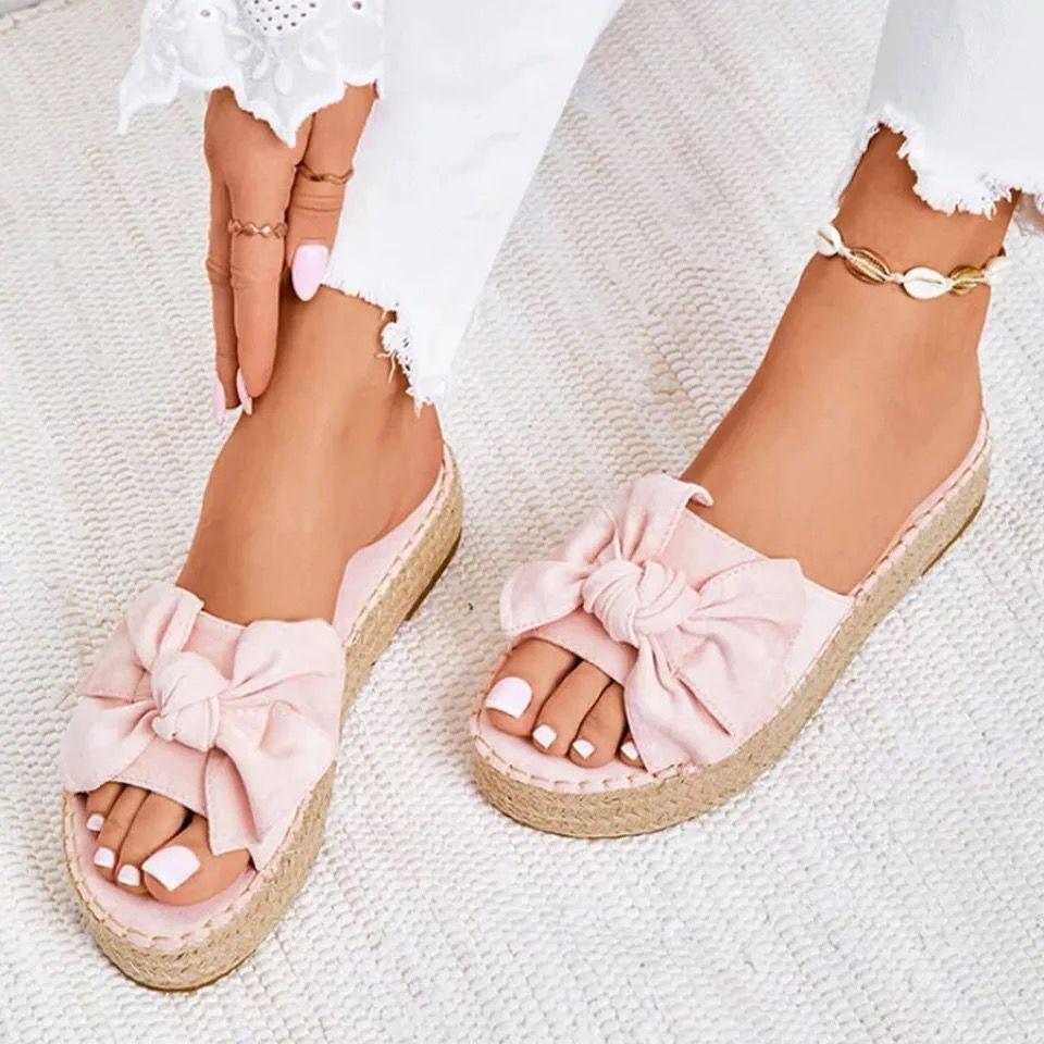 Women Bowknot Slippers 2022 Summer Casual Beach Muffin Slip On Platform Ladies Sandals Dress Party Peep Toe Female Sandals 4F